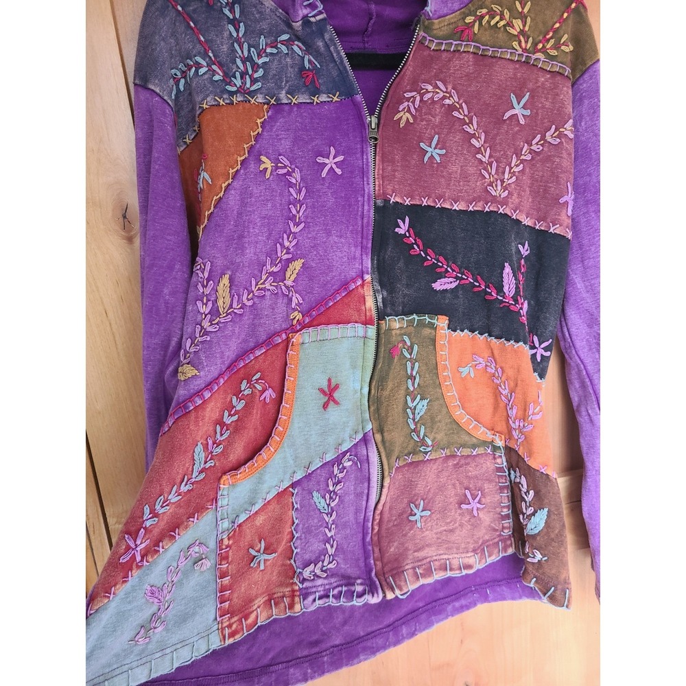 Y2K Patchwork Boho Bohemian XL Purple Zip Up Hooded Sweater Embroidered Granola - Picture 4 of 7